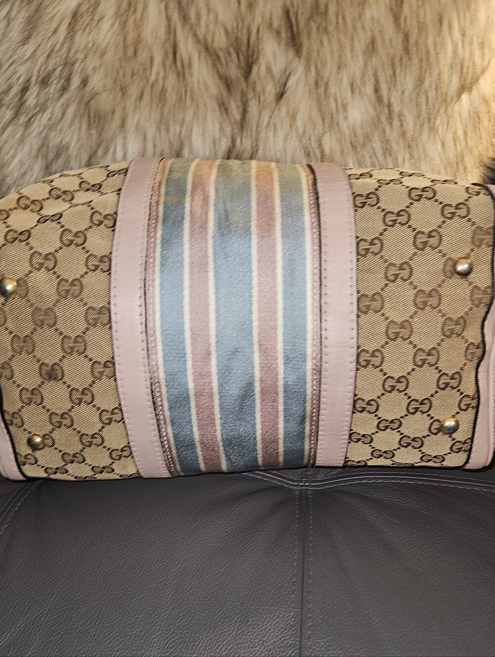 Gucci Beige GG Canvas Boston with Pink Trim and Striped Center - Picture 4 of 13